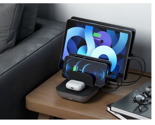 Зарядна станция Satechi Dock5 Multi-Device, от контакт към безжично зараждане, 100-240V, 1.5A, 20 W, 2x USB-C PD, CE & ETL, Qi поставка, 5 едновременно, черно