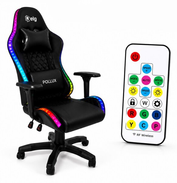 LED геймърски стол с RGB подсветка, възглавници и регулируеми подлакътници