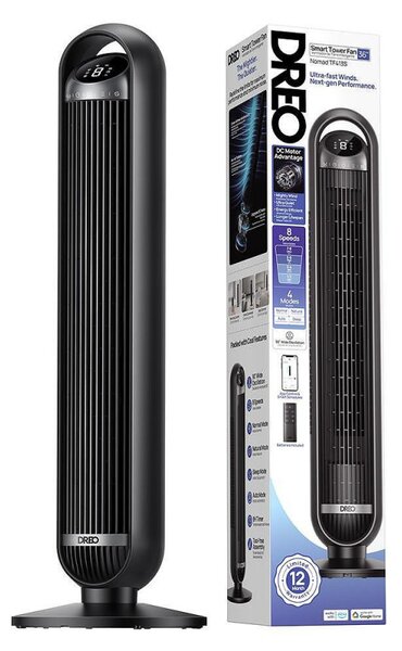 Вентилатор кула Dreo Tower Fan 413S, 35W, 92 см, 1961 м3/ч, 8 скорости, 4 режима, Осцилация, Мобилно приложение, Гласови команди, Черен