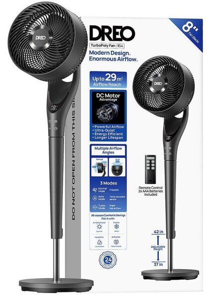 Вентилатор Dreo TurboPoly™ Fan 154, 36W, 3 режима, 9 скорости, Хоризонтална осцилация до 120°, HyperSilent, Черен