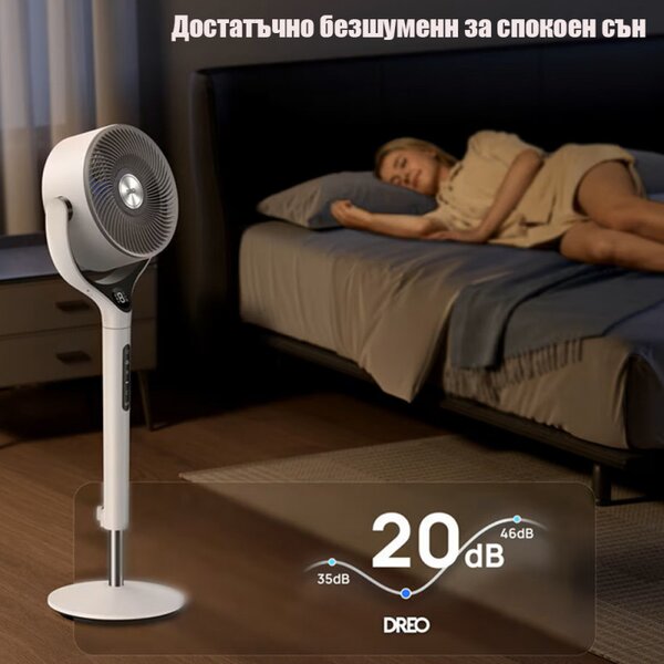 Вентилатор Dreo TurboPoly™ Fan 565S, 36W, 6 режима, 9 скорости, 3D осцилация 120°, Мобилно приложение, WiFi, RGB, HyperSilent, Бял