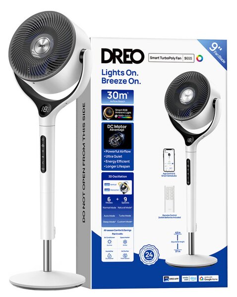 Вентилатор Dreo TurboPoly™ Fan 565S, 36W, 6 режима, 9 скорости, 3D осцилация 120°, Мобилно приложение, WiFi, RGB, HyperSilent, Бял