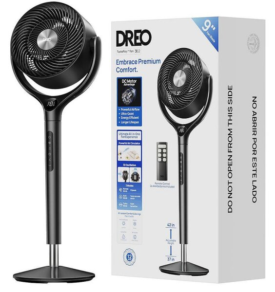 Вентилатор Dreo TurboPoly™ Fan 362, 36W, 3 режима, 9 скорости, 3D осцилация 120°, HyperSilent, Черен