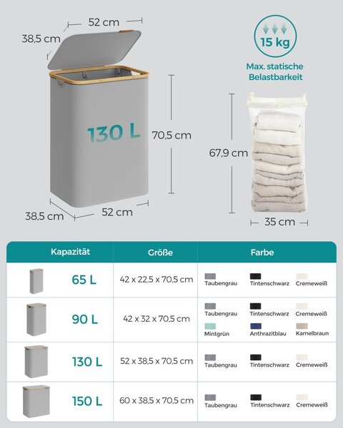 Сив кош за пране Songmics 52x38.5x38.5x70.5 cm