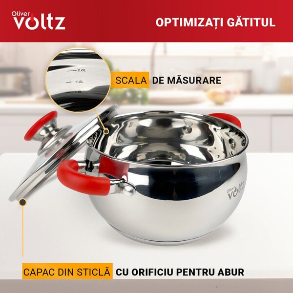 Тенджера Oliver Voltz OV51210N26, 26 см, 7.7 л, Индукция, Силиконови дръжки, Инокс/червен