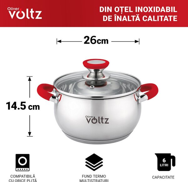 Тенджера Oliver Voltz OV51210N26, 26 см, 7.7 л, Индукция, Силиконови дръжки, Инокс/червен