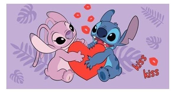 Лилава памучна детска кърпа 70x140 cm Lilo and Stitch "Kiss" – Jerry Fabrics