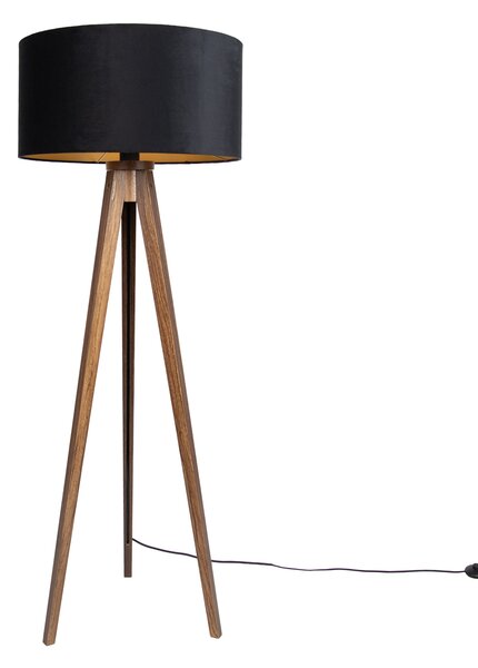Подова лампа от орехово дърво с черен абажур със златист интериор 50 см - Tripod Classic