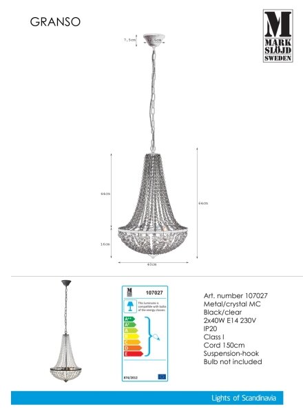 Markslöjd 107027 - Кристален полилей на верига GRÄNSÖ 2xE14/40W/230V