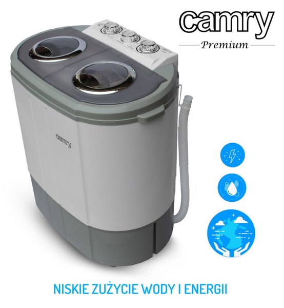 Полуавтоматична пералня Camry CR 8052, 450W, Мощност центрофуга: 630W, Капацитет 3 кг, ECO, Сив/бял
