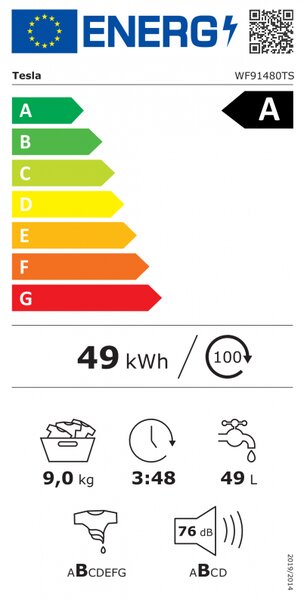 Пералня с предно зареждане Tesla WF91480TS, 1900W, 9 кг, 60 л, 14 програми, 1400 об/мин, Клас A, Steam Care, LED, Сребрист