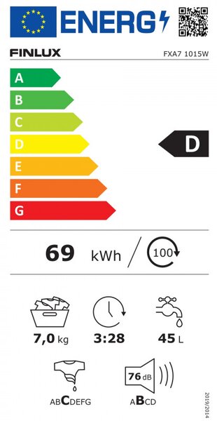 Пералня Finlux FXA7 1015W, Клас D, 15 програми, 7 кг, 1000 об/мин, Отложен старт, LED дисплей, Бял