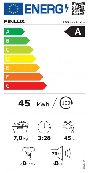 Пералня Finlux FXN 1071 T2 S, Клас A, 15 програми, 6 кг, 1200 об/мин, Отложен старт, LED дисплей, Сребрист
