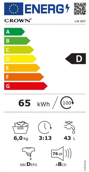 Пералня с предно зареждане Crown LW 86T, Клас D, 15 програми, 6 кг, 800 об/мин, Отложен старт, Функция пауза, Бял