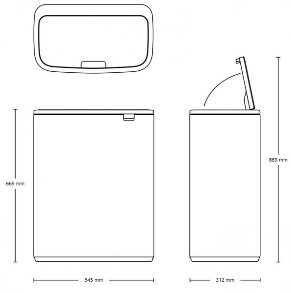 Кош за боклук Brabantia Bo Touch 1001274, 60 л, Плавно и безшумно отваряне, Голям отвор, Устойчив на отпечатъци, Черен/мат