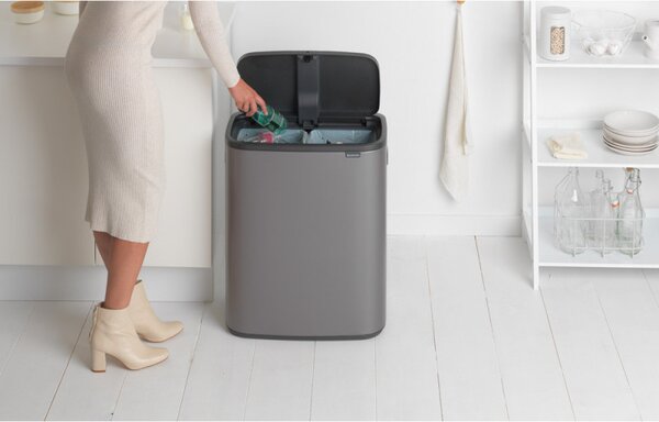 Кош за боклук Brabantia Bo Touch 1001271, 2x30 л, Плавно и безшумно отваряне, Голям отвор, Тъмносив