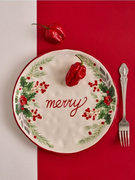 Sinsay - Коледна керамична чиния с надпис “Merry” - бял