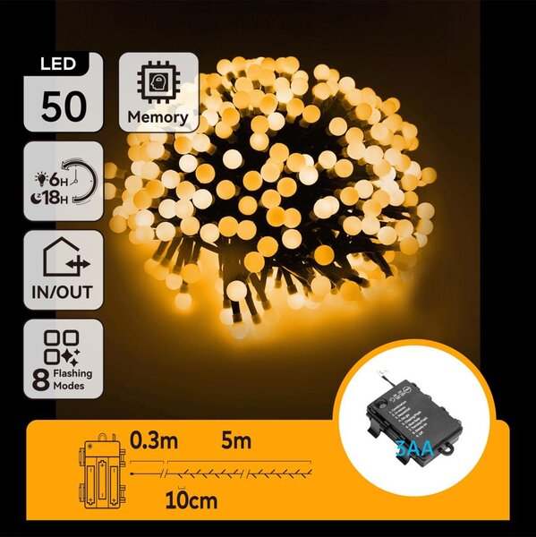 Aigostar - LED гирлянд за външна употреба, 50 LED, 8 режима, 3xAA, 5,3m, IP44, топла бяла