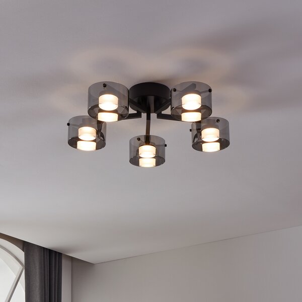 EGLO LED плафон Copillos, черен Ø 66 cm стъкло/метал 5-крилен., Затъмняване, Черен, Дневна/трапезария, Стъкло, Модерен, Таван с много пламъци