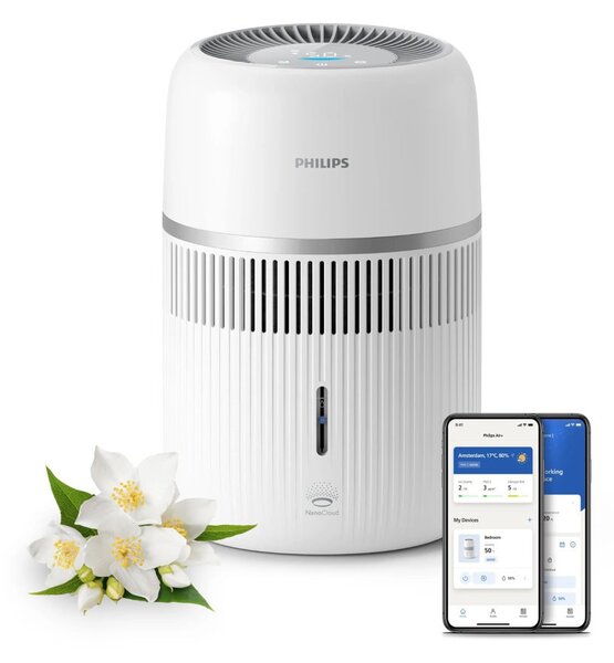 Овлажнител на въздух Philips HU4210/04, 3W, 3.5 l резервоар, подходящ за помещения с площ до 44m², 5 настройки за влажност, таймер, Wi-Fi, бял