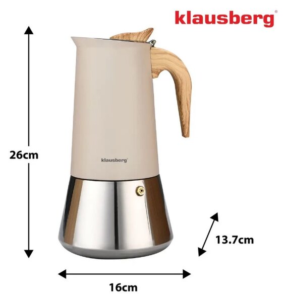 Електрическа кубинска кафеварка за еспресо Klausberg KB 7997, 600 мл, 12 чаши, Предпазен клапан, Стомана, Индукция, Бежов