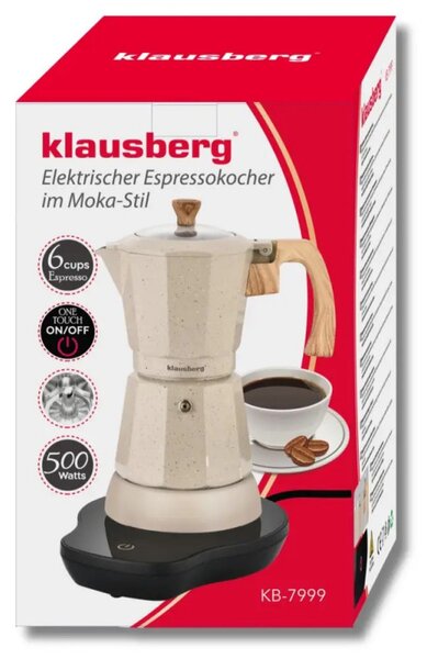 Електрическа кубинска кафеварка Klausberg KB 7999, 500W, 6 чаши, Вграден нагревател, Предпазен клапан, Бежов мрамор
