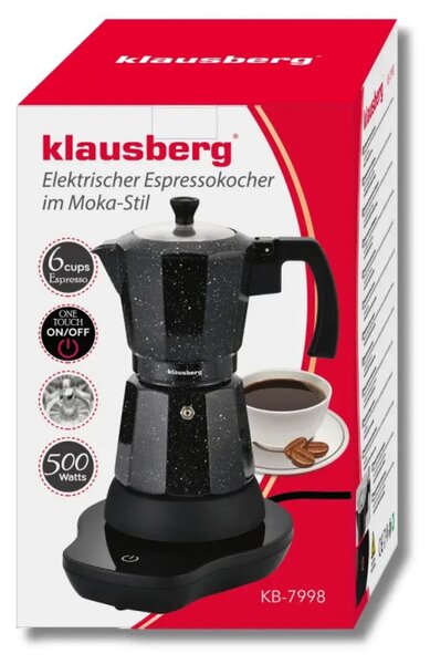 Електрическа кубинска кафеварка Klausberg KB 7998, 500W, 6 чаши, Вграден нагревател, Предпазен клапан, Черен мрамор