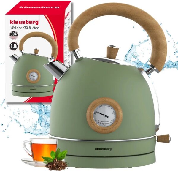 Електрическа кана-чайник Klausberg KB 9008, 2200W, 1.8 л, 360° основа, Индикатор ниво вода, Термометър, Зелен