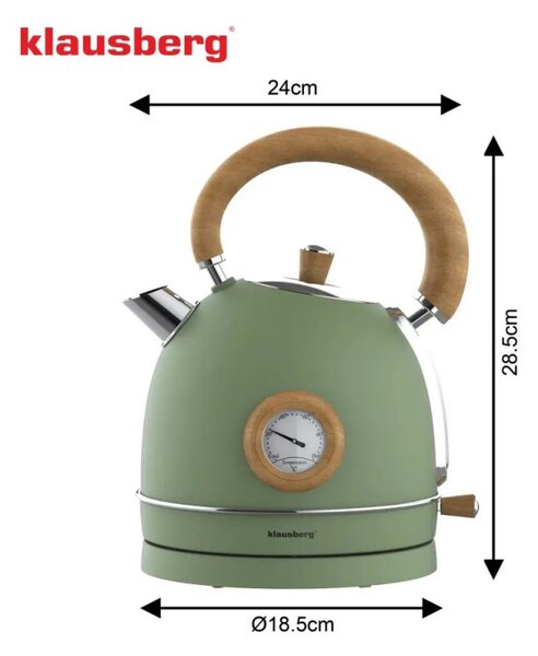 Електрическа кана-чайник Klausberg KB 9008, 2200W, 1.8 л, 360° основа, Индикатор ниво вода, Термометър, Зелен