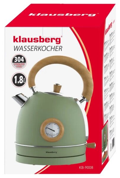 Електрическа кана-чайник Klausberg KB 9008, 2200W, 1.8 л, 360° основа, Индикатор ниво вода, Термометър, Зелен