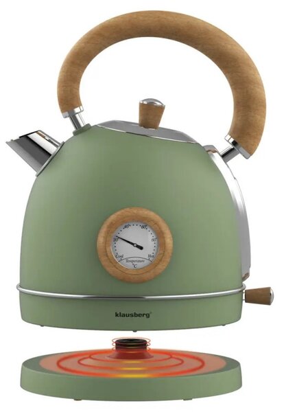Електрическа кана-чайник Klausberg KB 9008, 2200W, 1.8 л, 360° основа, Индикатор ниво вода, Термометър, Зелен