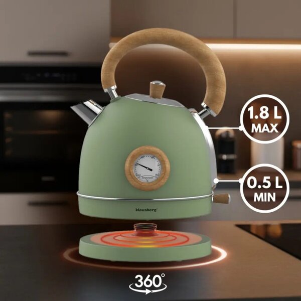 Електрическа кана-чайник Klausberg KB 9008, 2200W, 1.8 л, 360° основа, Индикатор ниво вода, Термометър, Зелен