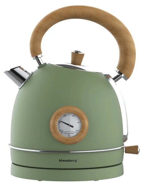 Електрическа кана-чайник Klausberg KB 9008, 2200W, 1.8 л, 360° основа, Индикатор ниво вода, Термометър, Зелен