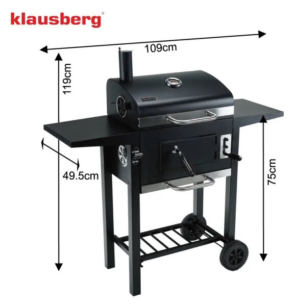 Барбекю на дървени въглища Klausberg KB 9034, Комин, Регулируема вентилация, Чекмедже за пепел, Термометър, Колелца, Стомана, Черен