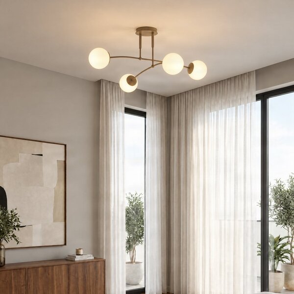 EMIBIG LIGHTING Таванна лампа Pregos, бежова, Ø 60 см, 4-лампова, метал/стъкло, Затъмняване, Бежов, Дневна/трапезария, Стъкло, Модерен, Глобус