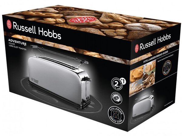 Тостер Russell Hobbs Adventure 23610-56, 1600 W, За 4 филийки, 6 степени, Perfect Toast система за равномерно изпичане, Затопляне, Инокс