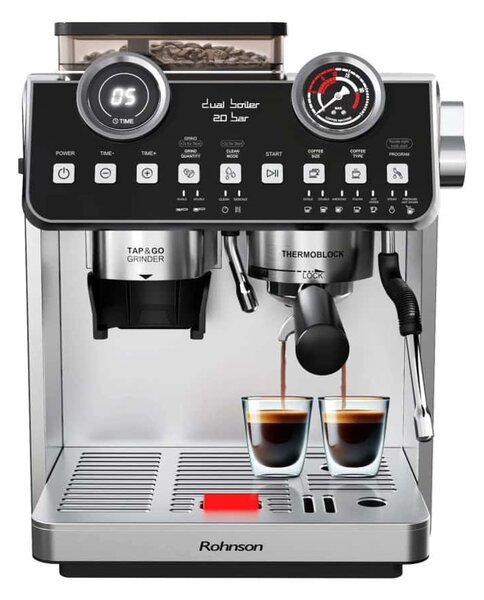 Кафеавтомат Rohnson R-98200, 2800W, 20 bar налягане, 2.2 л. воден резервоар, 30 настройки на мелачката, автоматична система за самопочистване, сива