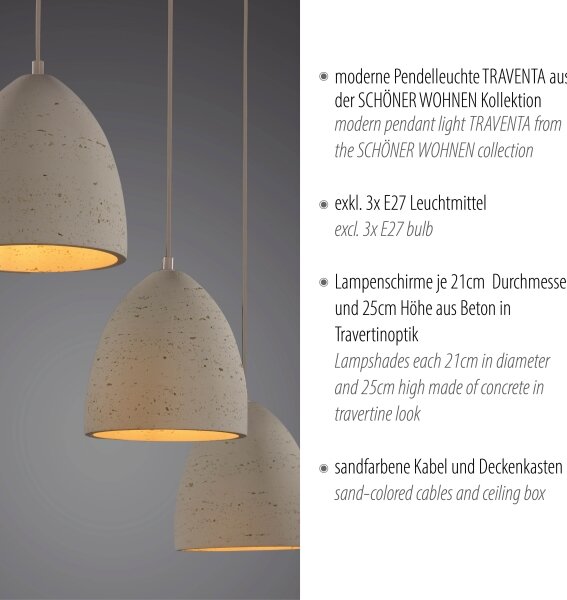 Schöner Wohnen 12541-42 - Полилей на кабел TRAVENTA 3xE27/40W/230V бетон