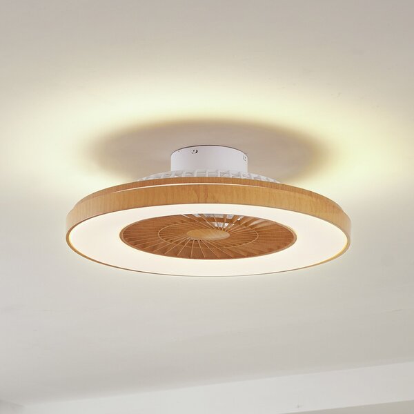 Lindby Вентилатор за таван LED Teleo, Ø 58 cm, цвят дърво, CCT, Затъмняване, Дърво, Дневна/трапезария, Пластмаса, Модерен