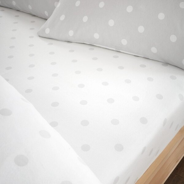 Бял-сив еластичен фланелен чаршаф 150x200 cm Polka Dot – Catherine Lansfield