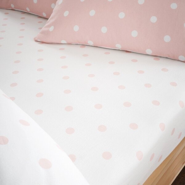 Бялo-розов еластичен фланелен чаршаф 135x190 cm Polka Dot – Catherine Lansfield