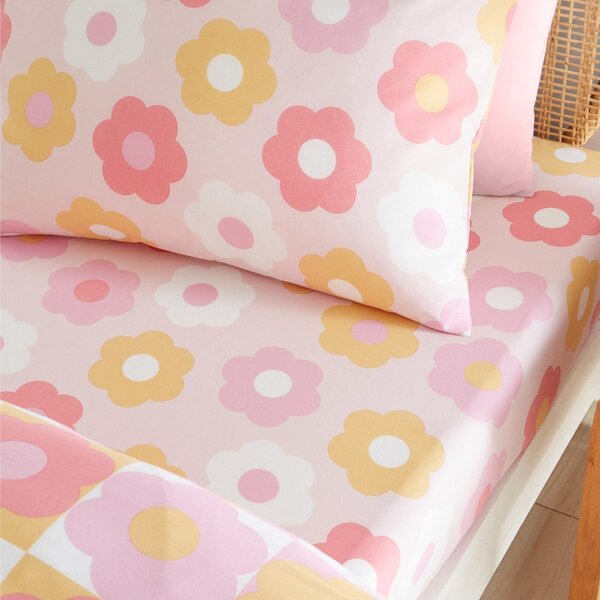 Розов еластичен единичен детски чаршаф 90x190 cm Retro Daisy – Catherine Lansfield