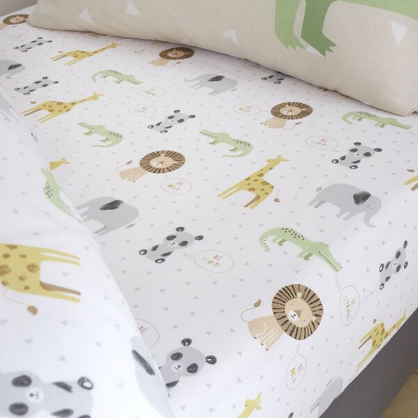 Бял еластичен единичен детски чаршаф 90x190 cm Roarsome Animals – Catherine Lansfield