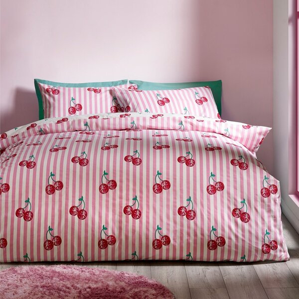 Бяло-розово двойно спално бельо 200x200 cm Disco Cherries Stripes – Catherine Lansfield