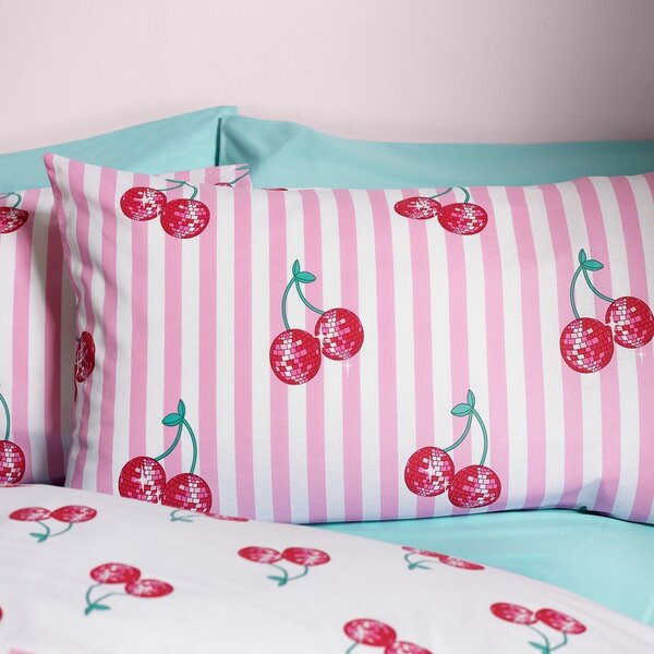Бяло-розово двойно спално бельо 200x200 cm Disco Cherries Stripes – Catherine Lansfield
