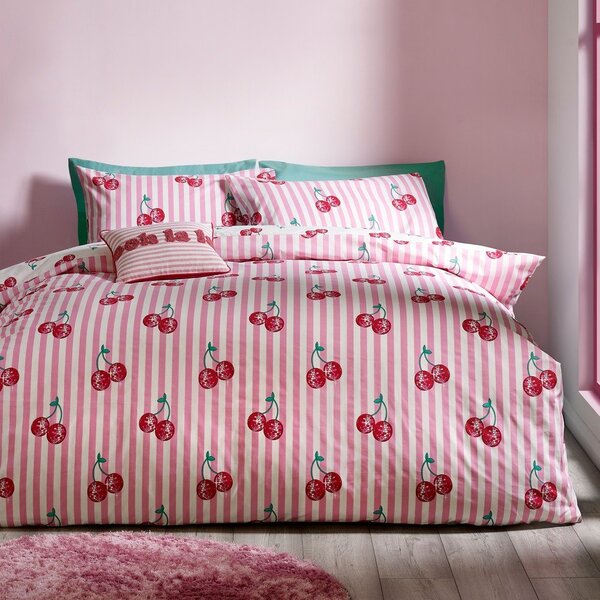 Бяло-розово двойно спално бельо 200x200 cm Disco Cherries Stripes – Catherine Lansfield