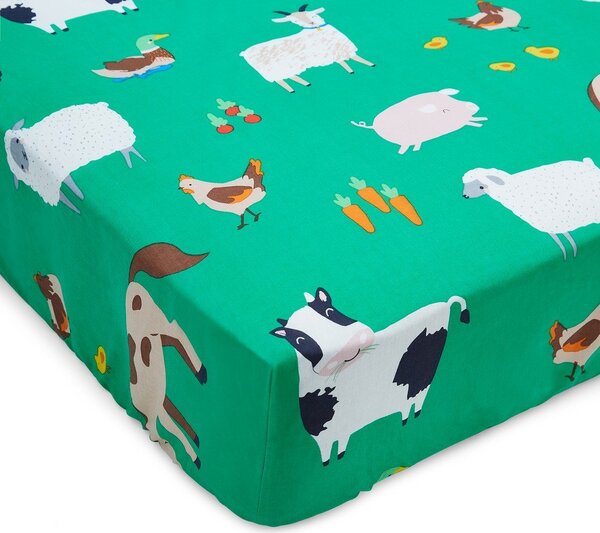 Зелен еластичен единичен детски чаршаф 90x190 cm Farmyard Animals – Catherine Lansfield