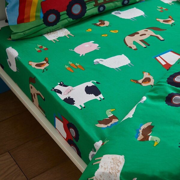 Зелен еластичен единичен детски чаршаф 90x190 cm Farmyard Animals – Catherine Lansfield