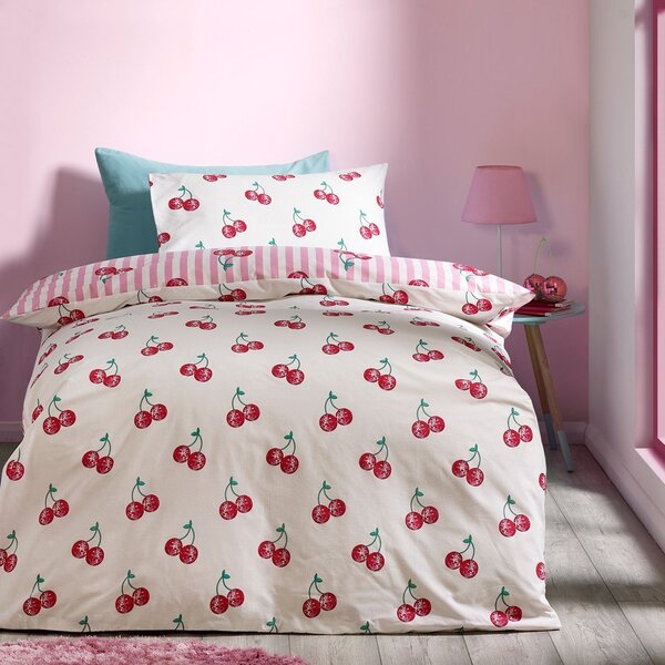 Бяло-розово единично спално бельо 135x200 cm Disco Cherries Stripes – Catherine Lansfield