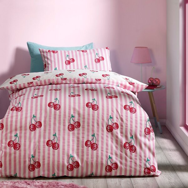 Бяло-розово единично спално бельо 135x200 cm Disco Cherries Stripes – Catherine Lansfield